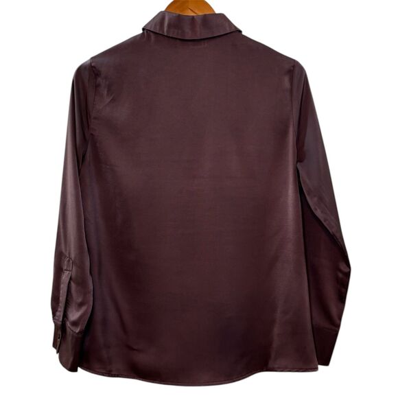 Dress Forum Button Down Blouse Dull Satin Slim Shirt Purple Brown Size Medium - Picture 3 of 7